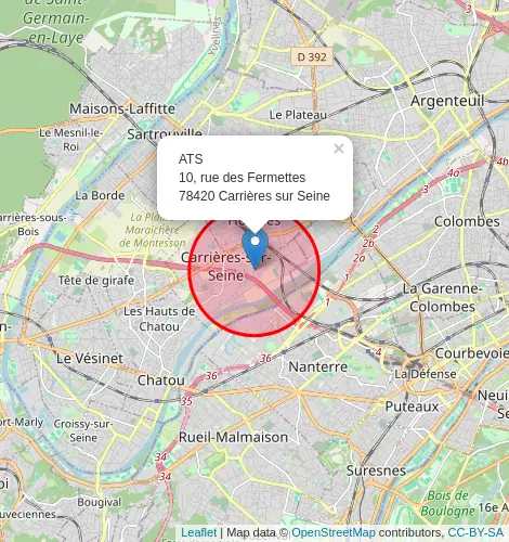 zone d'intervention d'atoutageservices : approximativement un cercle de 5 kilomètres autour de l'adresse du siege social